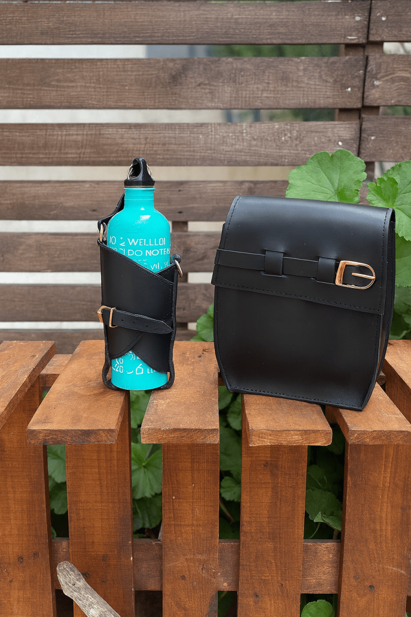 Handmade Leather Stanley Thermos Holder & Bottle Sling Set | Adjustable Dual Drink Carriers with Phone & Wallet Pouches | Universal Fit Thermos Bag Collection - 99percenthandmade - 99percenthandmade - Black - Bottle Sling with Adjustable Strap and Fanny Pack -