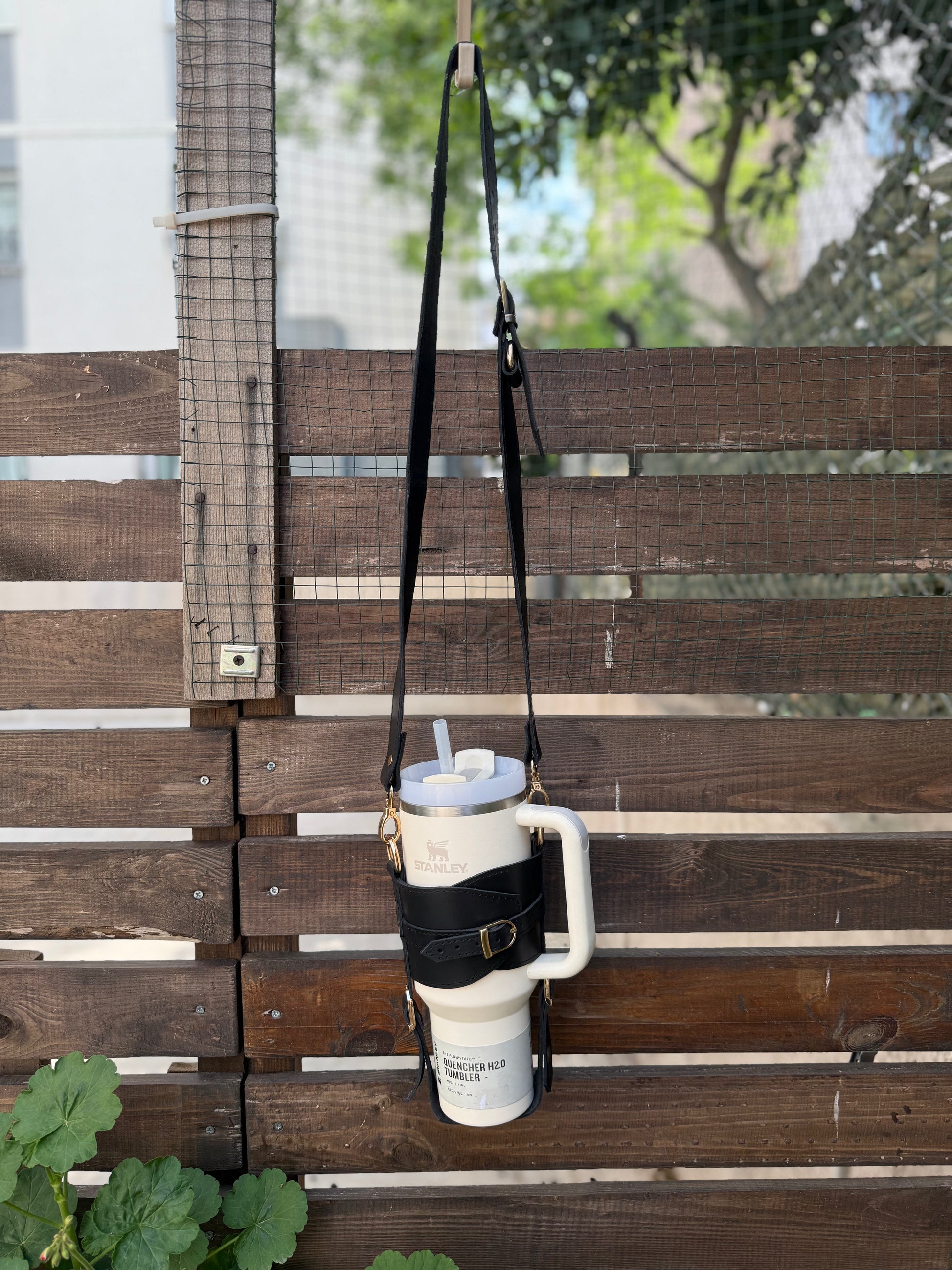 Handmade Leather Stanley Thermos Holder & Bottle Sling Set | Adjustable Dual Drink Carriers with Phone & Wallet Pouches | Universal Fit Thermos Bag Collection. 99percenthandmade Black Thermos Holder with Adjustable Strap