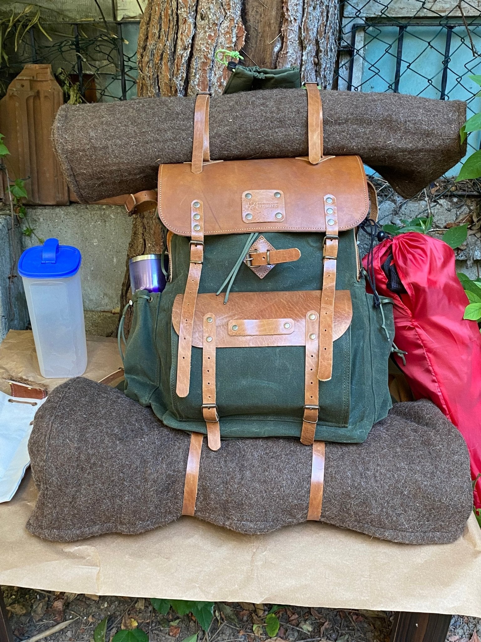 Bushcraft Handmade Green Wax Canvas and Genuine Leather Backpack for Travel, Camping, Fishing | 50 Liters | Personalization for your request - bushcraft - camping - hiking backpack - 99percenthandmade - 99percenthandmade - 30 - Light Brown -