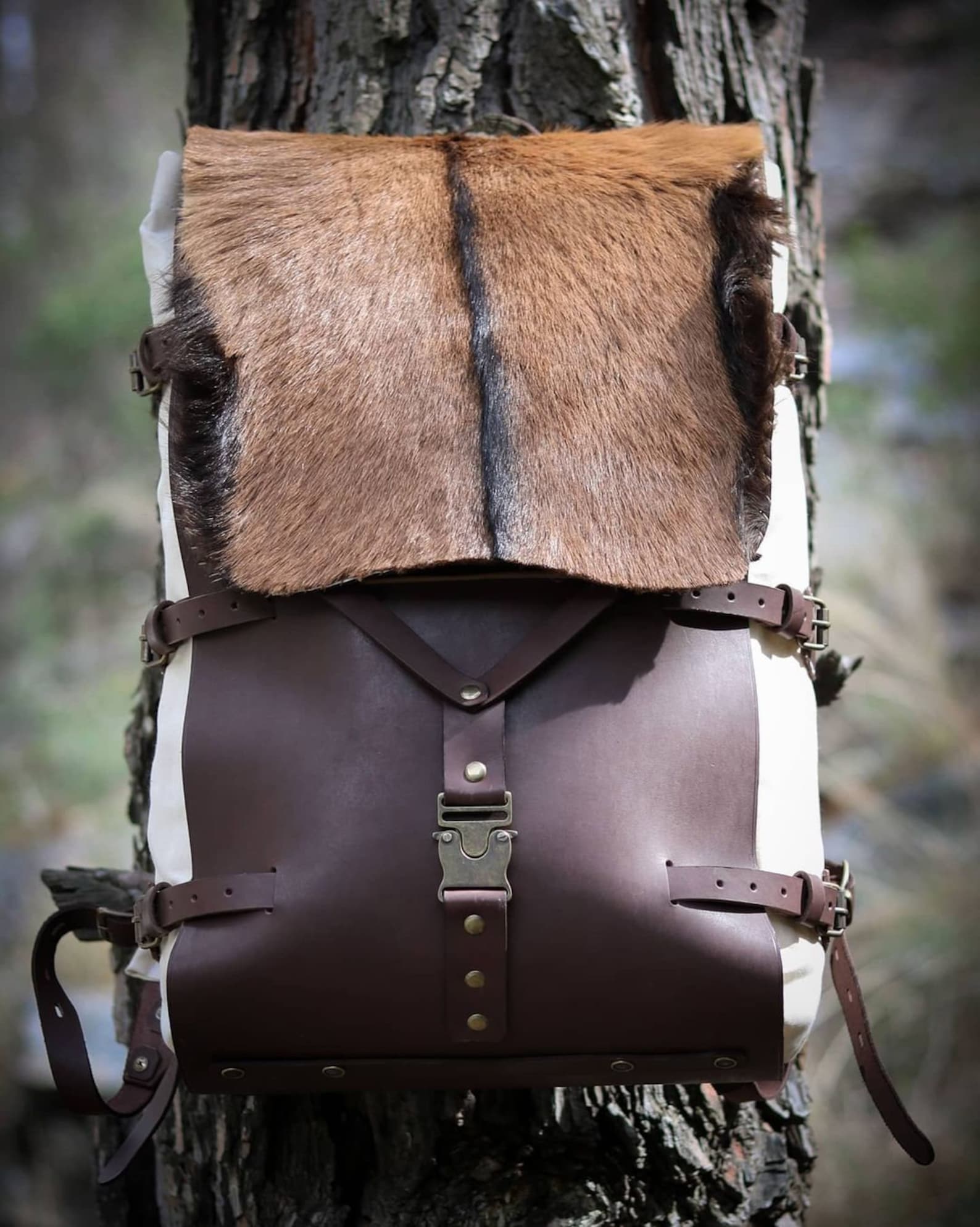 Goat Fur , Canvas and Leather Bag | Bushcraft | Camping | Outdoor | Hiking | Handmade Backpack l | 30,40,50 Litres option - bushcraft - camping - hiking backpack - 99percenthandmade - 99percenthandmade - White - 30 - With Fur