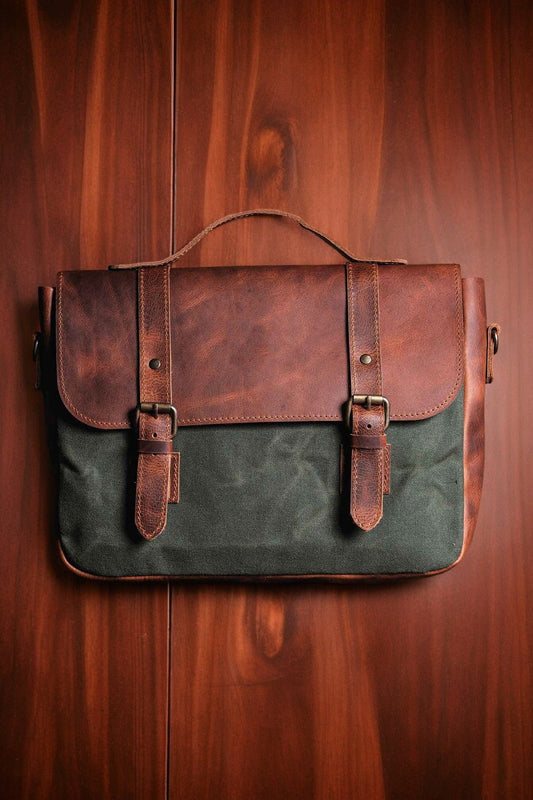 Handmade Messenger bag, Laptop Bag, Briefcase Bag. Size : 13 inch to 17 inch with Brown-Green Color Options - 99percenthandmade - 99percenthandmade - Leather-Green Canvas - Medium -