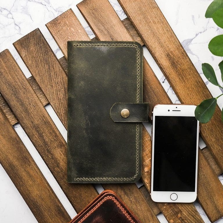 Handmade Wallet with Phone cover with 3 Colour Tobacco, Brown, Green Personalized Wallet | You can Engrave inside outside of Wallet  99percenthandmade Green  
