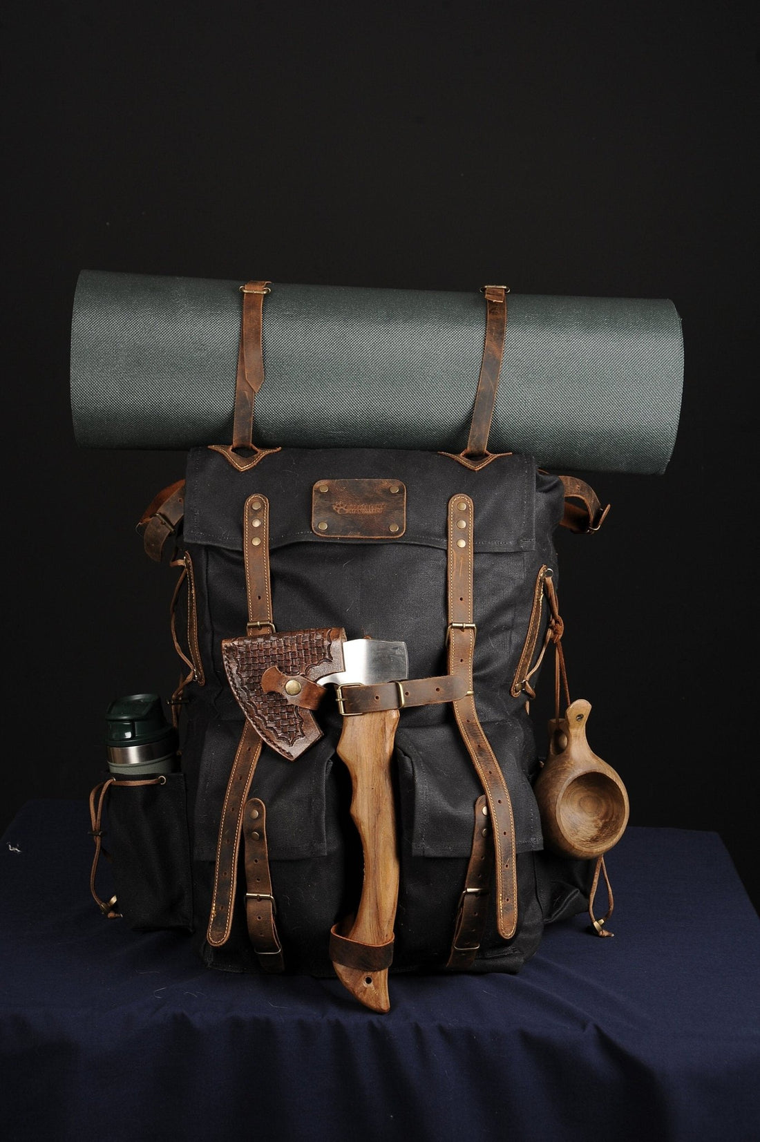 Hiking Backpack | Camping Backpack | Black-Brown-Black-White  | Waxed Canvas with Leather Details  | 50 L | Personalization  99percenthandmade