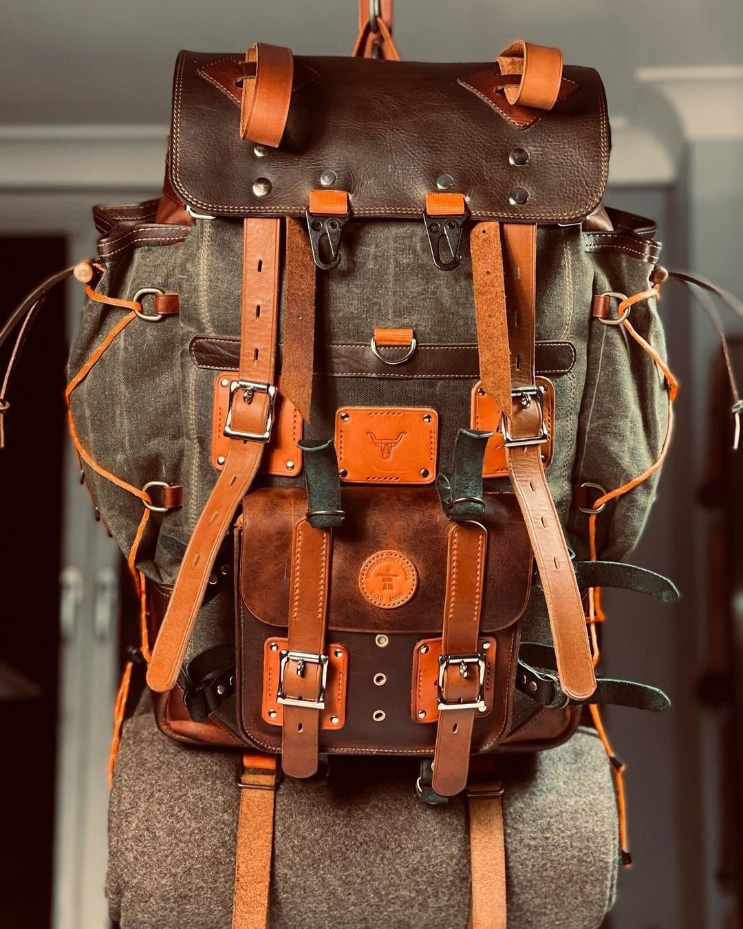 Hiking Backpack | Leather - Canvas | Hiking Rucksack | Hiking Backpacks | Green - Brown | bushcraft - camping - hiking backpack 99percenthandmade