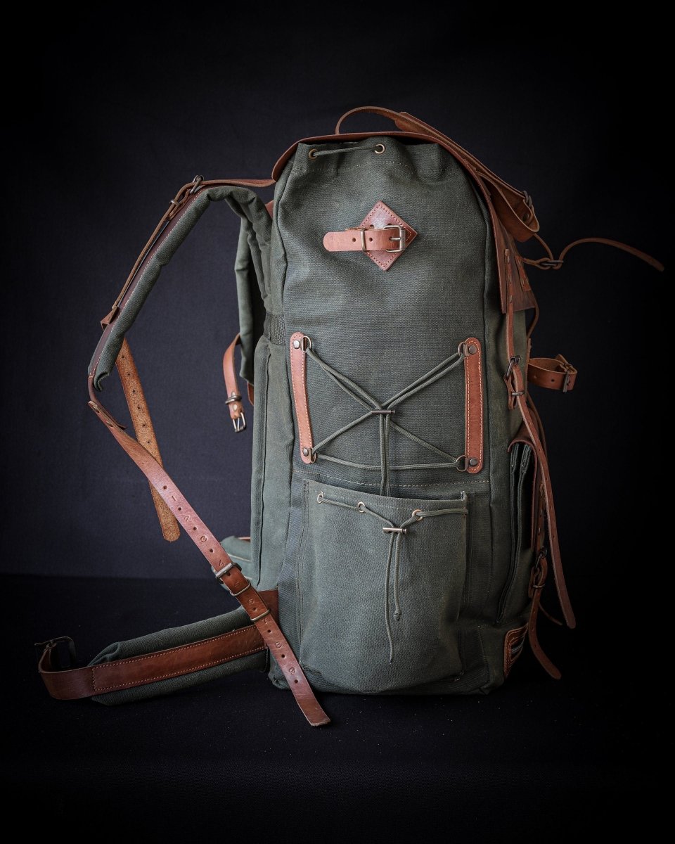 Bushcraft Handmade Green Wax Canvas and Genuine Leather Backpack for Travel, Camping, Fishing | 50 Liters | Personalization for your request 99percenthandmade