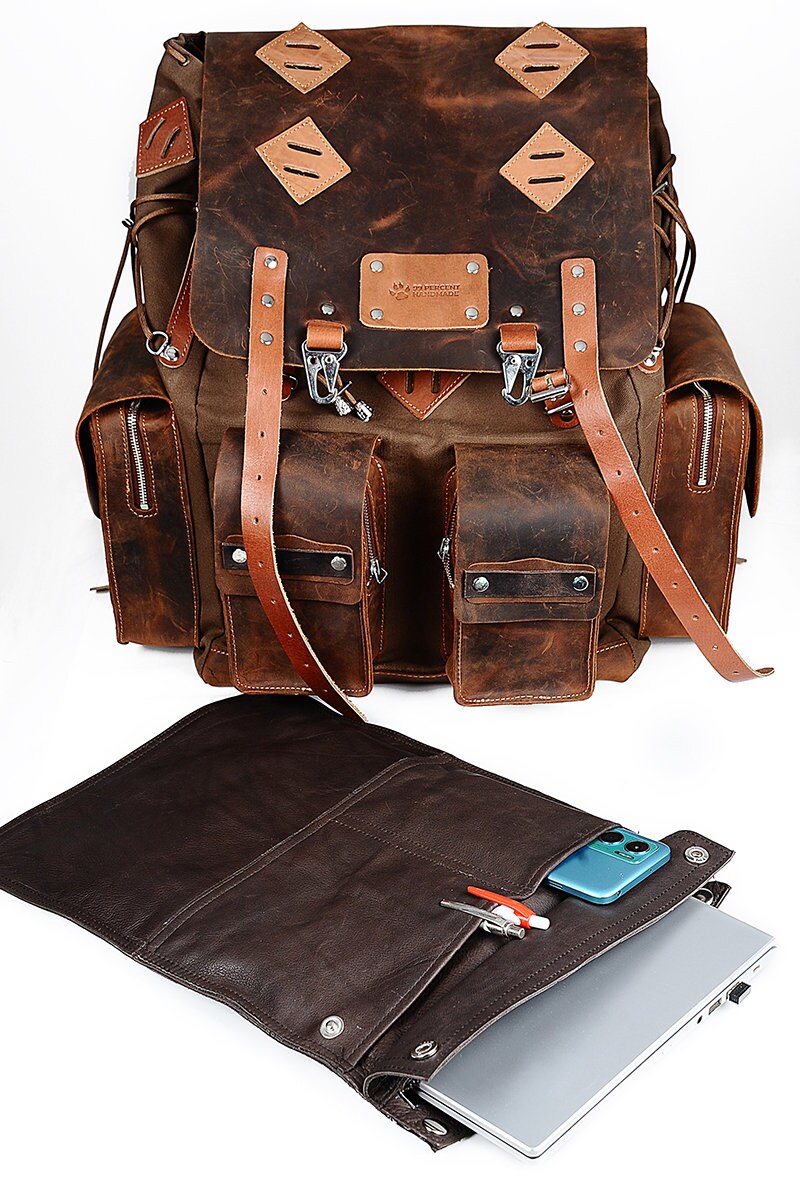 Daypack Laptop Backpack Handmade Waxed Canvas and Leather, 40L-50L Size Options