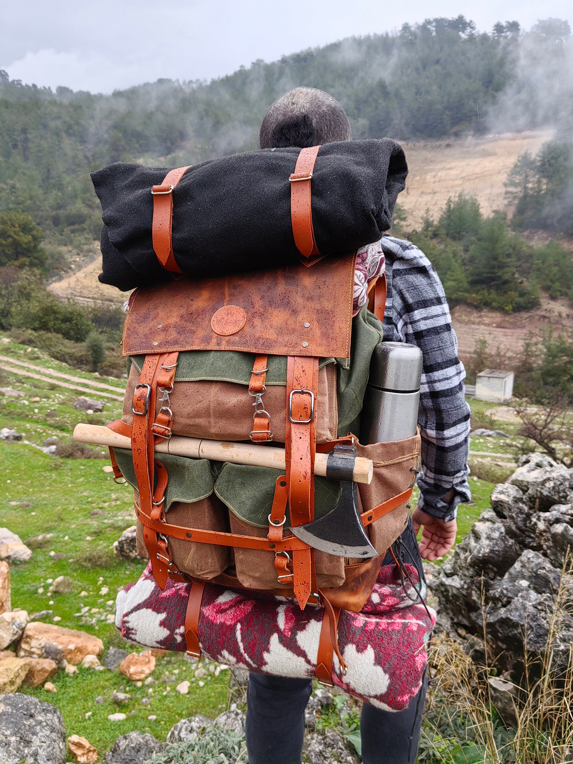 Camping Backpack | Limited Handmade Leather and Waxed Backpack for Travel, Camping | inside 45 Liter | Personalization 99percenthandmade