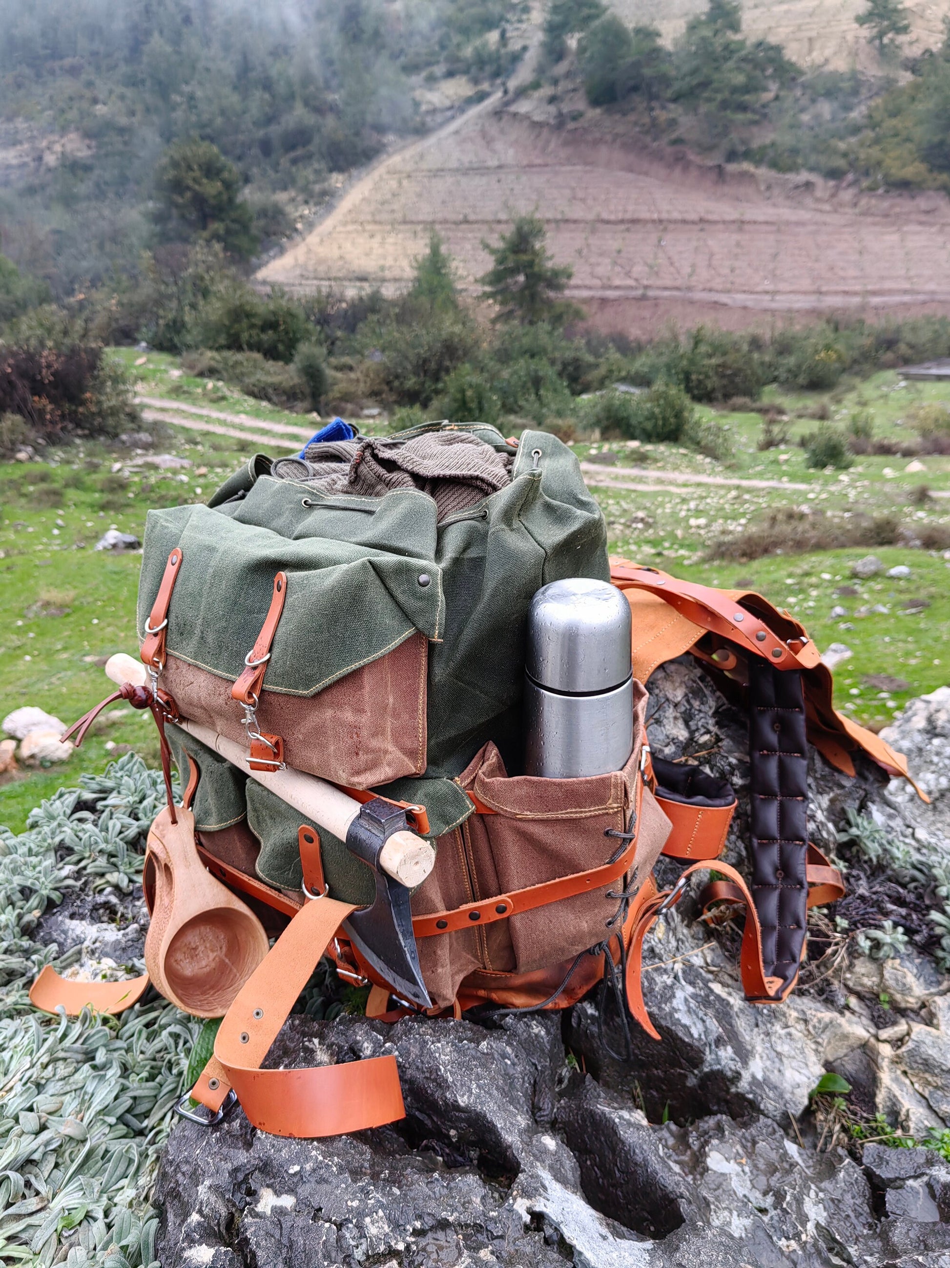 Camping Backpack | Limited Handmade Leather and Waxed Backpack for Travel, Camping | inside 45 Liter | Personalization 99percenthandmade
