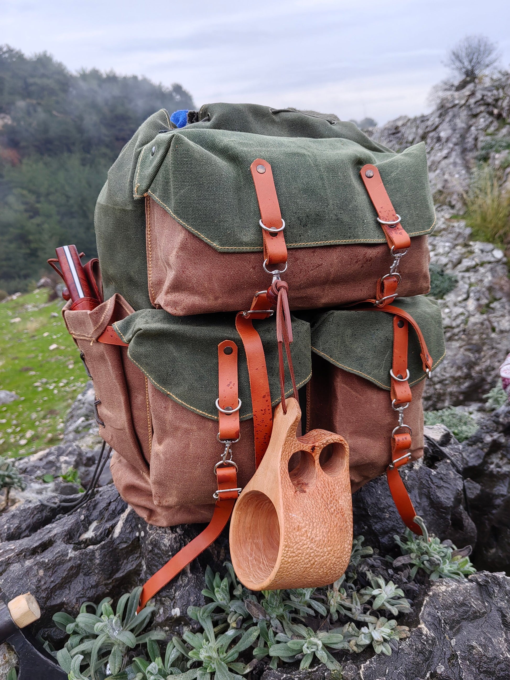 Camping Backpack | Limited Handmade Leather and Waxed Backpack for Travel, Camping | inside 45 Liter | Personalization 99percenthandmade