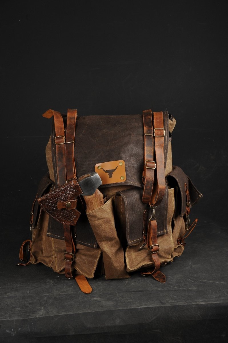 canvas backpack leather accents Handmade Leather and Waxed Canvas Backpack for Travel bag, Camping bag