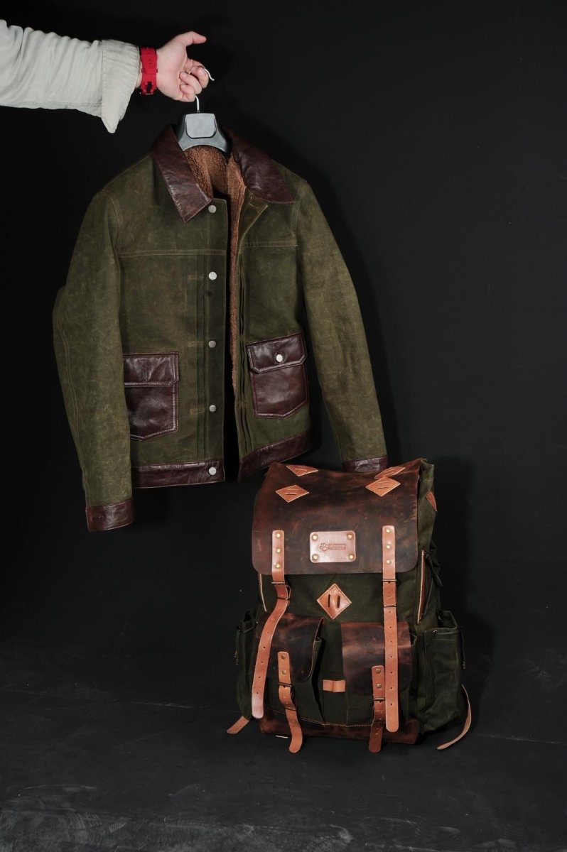 Handmade Waxed Canvas & Leather Field Jacket | Sherpa Lined Option | Matching Backpack Set Available 99percenthandmade