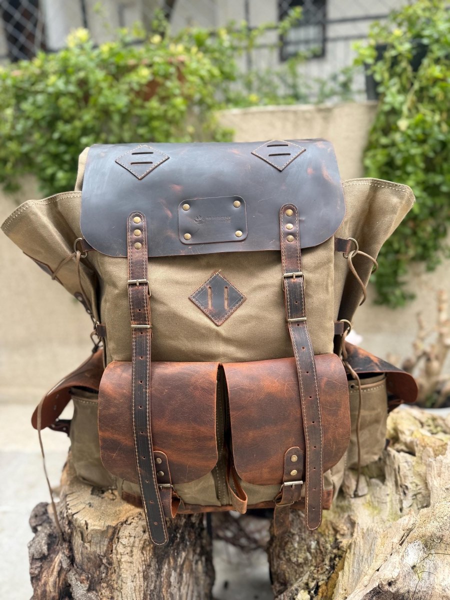 Black-Brown-Green | Bushcraft Handmade Waxed Canvas Backpack | 50 L | Daily Use | Bushcraft, Travel, Camping, Hunting, Fishing, Sports bag 99percenthandmade