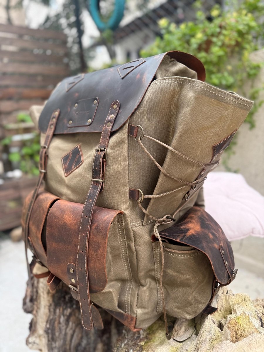 Black-Brown-Green | Bushcraft Handmade Waxed Canvas Backpack | 50 L | Daily Use | Bushcraft, Travel, Camping, Hunting, Fishing, Sports bag 99percenthandmade