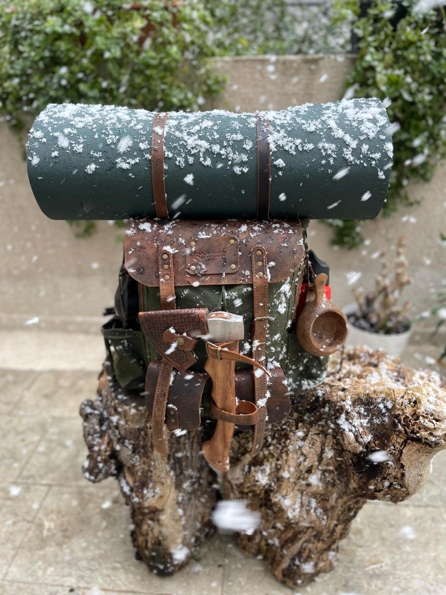 Handmade Waxed Canvas & Leather Bushcraft Backpack – Camping Backpack Green & Brown Edition 99percenthandmade
