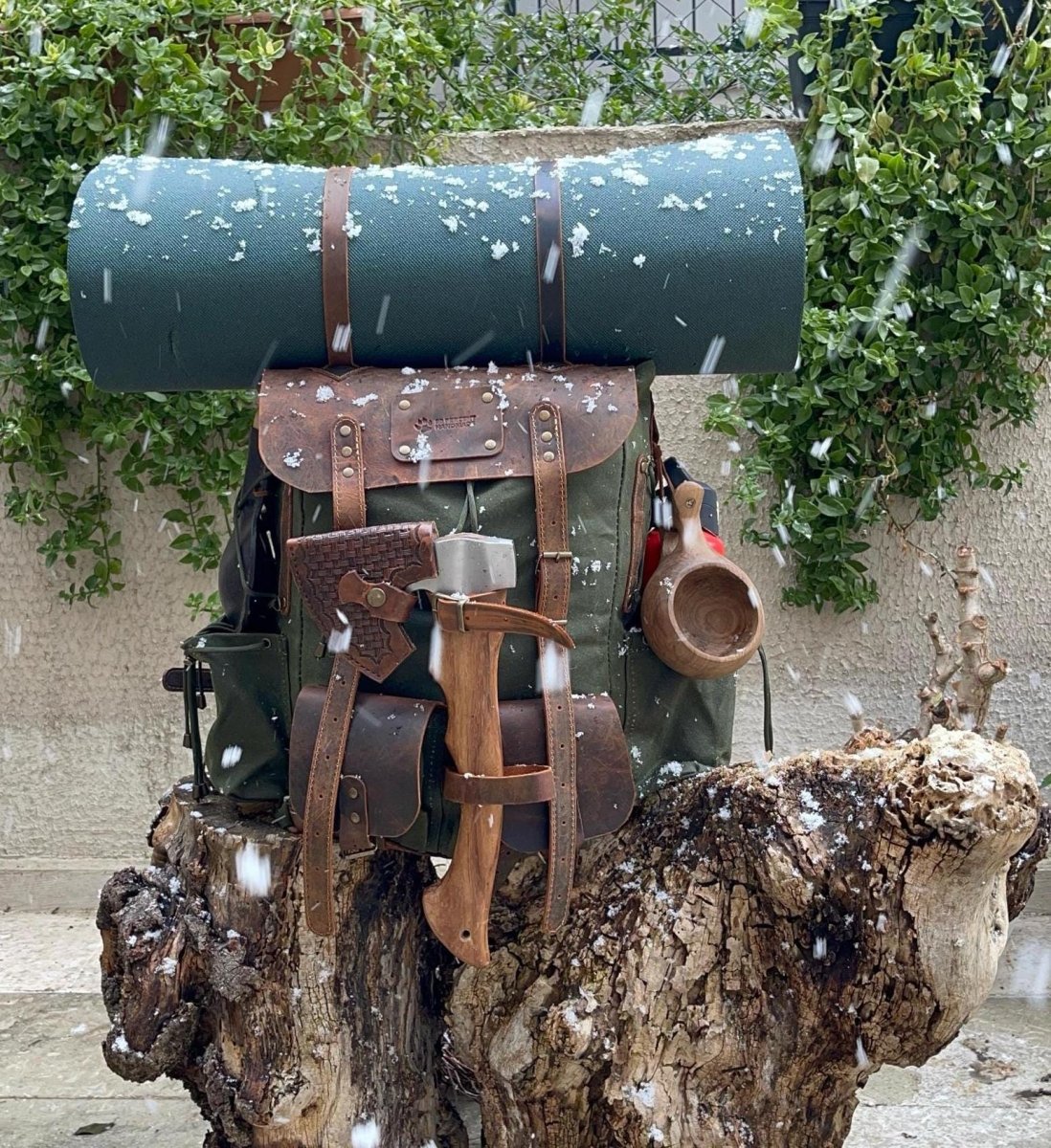 Handmade Waxed Canvas & Leather Bushcraft Backpack – Camping Backpack Green & Brown Edition 99percenthandmade