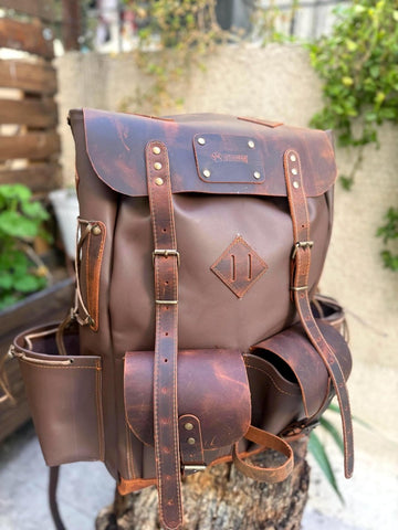 Handmade Full Leather Bushcraft & Travel Backpack with Axe Holder – 30L/40L/50L 99percenthandmade