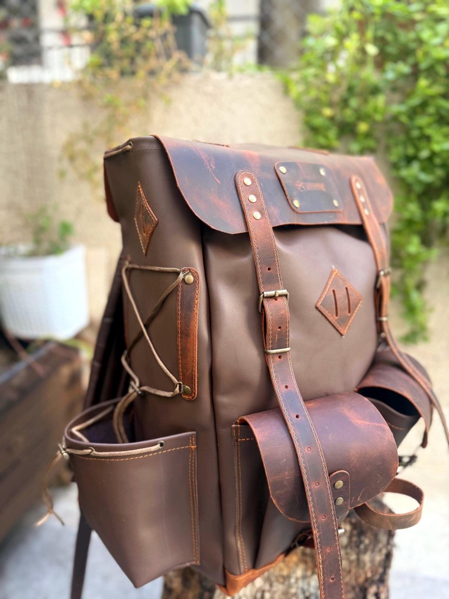 Handmade Full Leather Bushcraft & Travel Backpack with Axe Holder – 30L/40L/50L 99percenthandmade