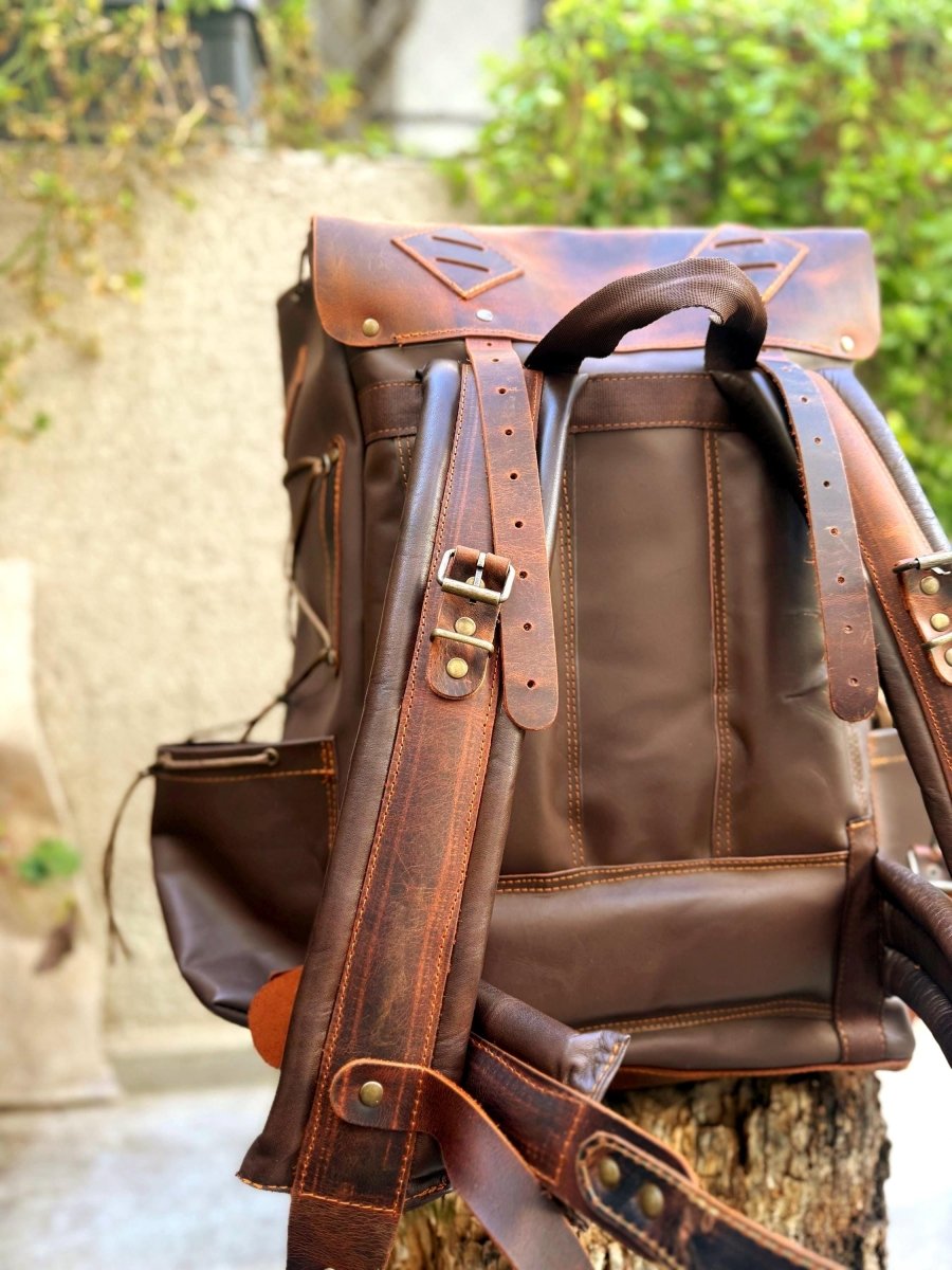 Handmade Full Leather Bushcraft & Travel Backpack with Axe Holder – 30L/40L/50L 99percenthandmade