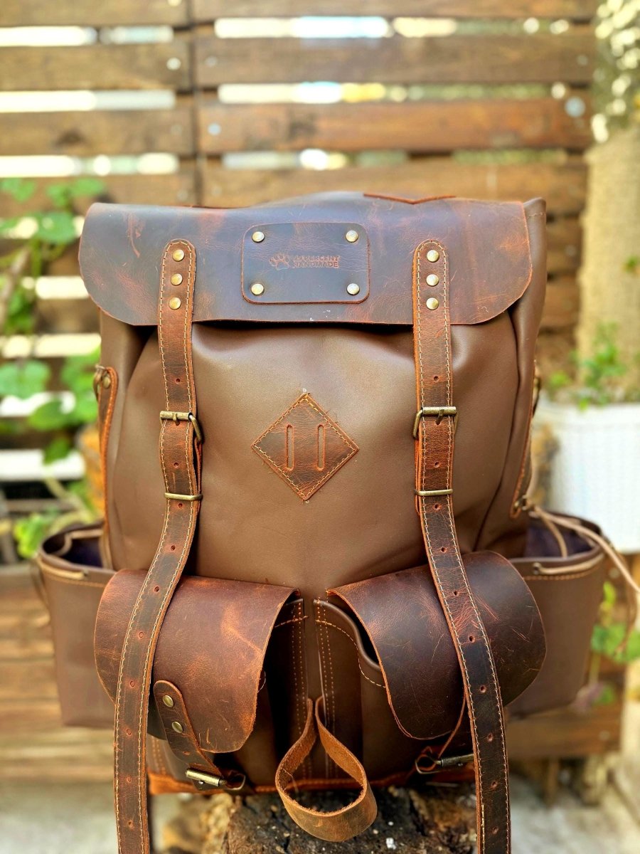 Handmade Full Leather Bushcraft & Travel Backpack with Axe Holder – 30L/40L/50L 99percenthandmade