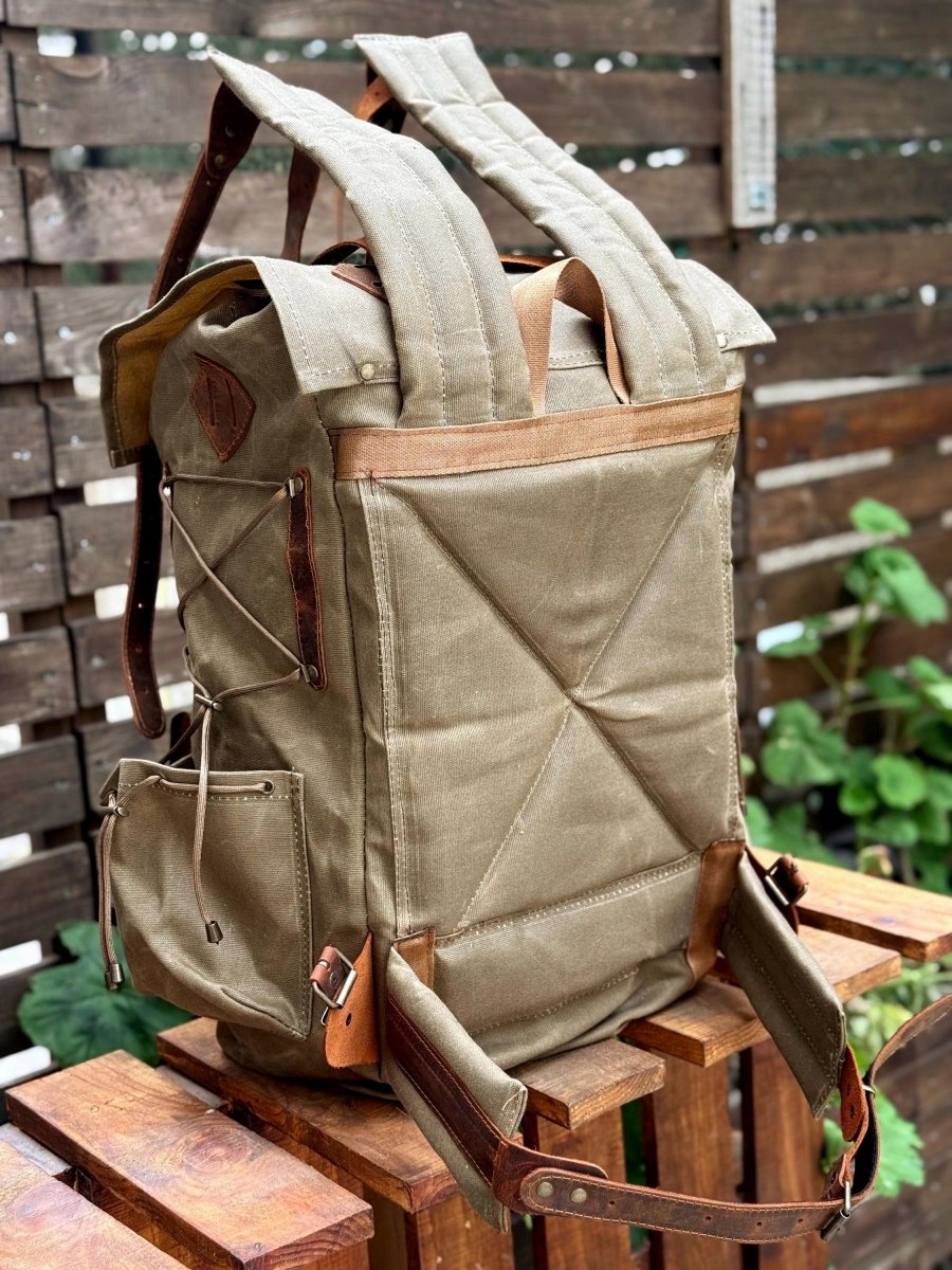 Limited | Green-Brown-Black-White | Waxed Canvas Backpack | 50 L | Personalize Backpack | Camping Backpack | Best gift for | Gift for Him 99percenthandmade