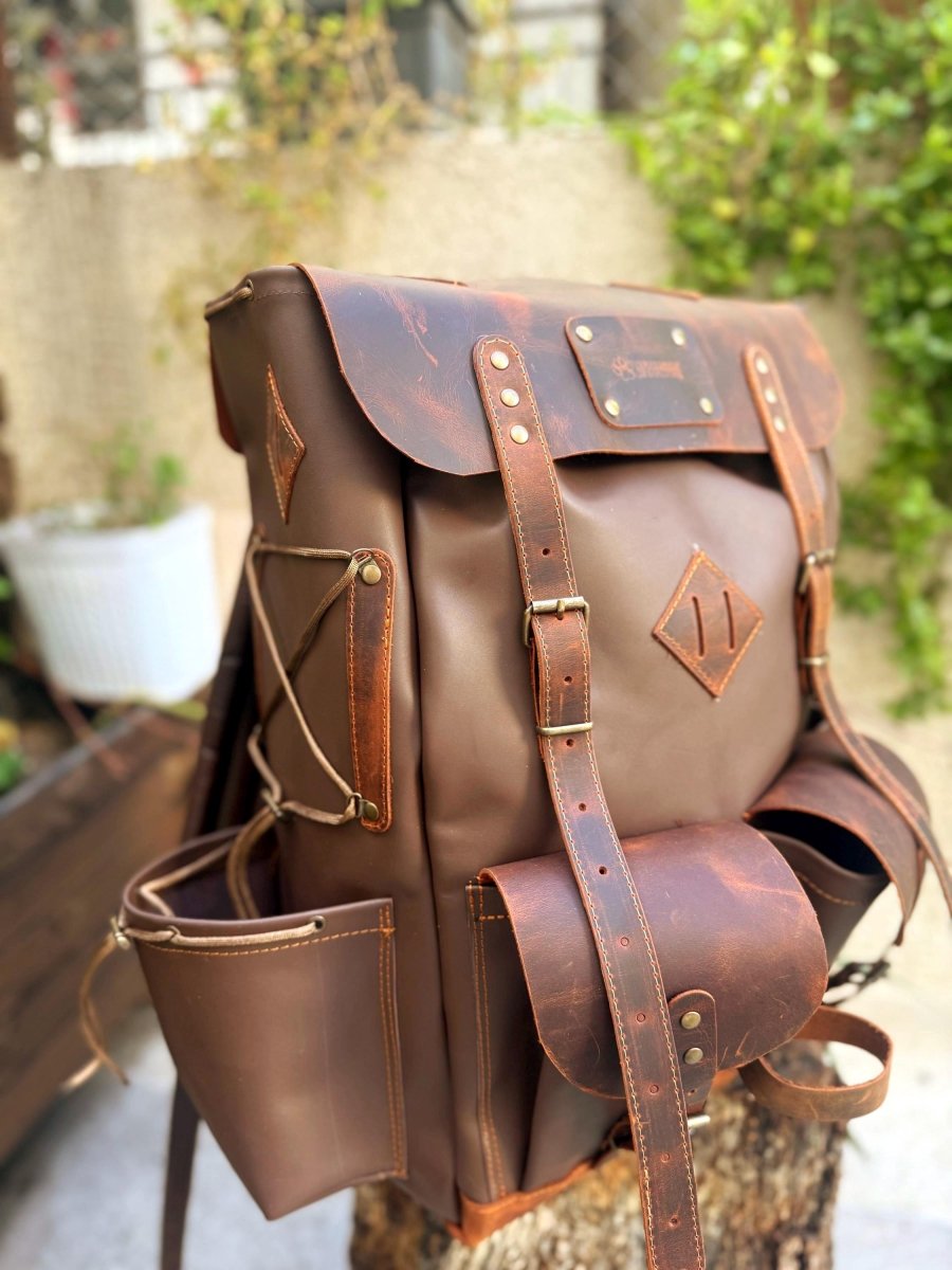 Handmade Full Leather Bushcraft & Travel Backpack with Axe Holder – 30L/40L/50L 99percenthandmade