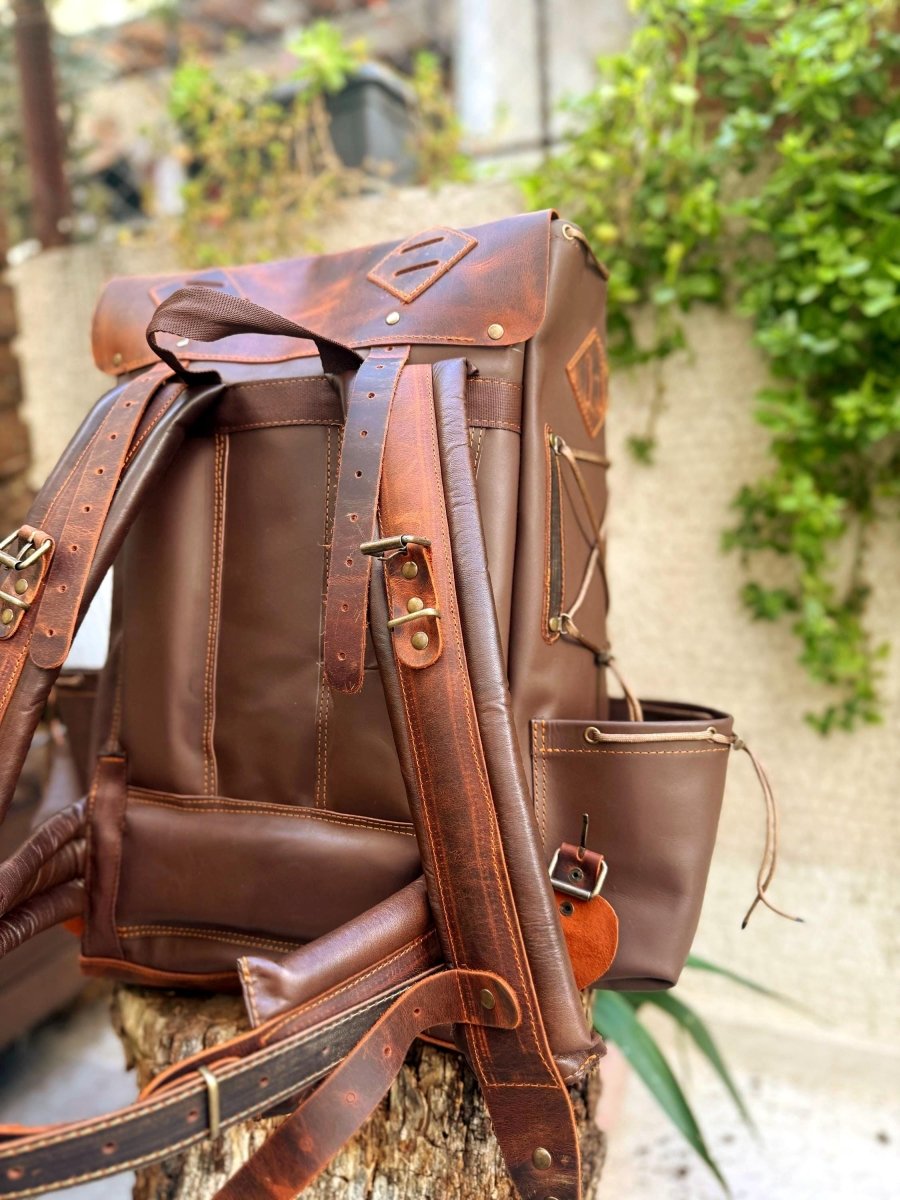 Handmade Full Leather Bushcraft & Travel Backpack with Axe Holder – 30L/40L/50L 99percenthandmade