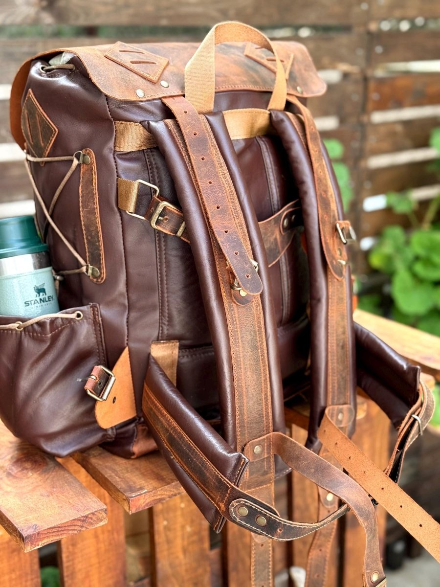 Black-Brown-Green-White | Full Leather Backpack | Travel Backpack | 50 L | Trolley handle | Bushcraft, Travel, Camping, Hunting, Fishing, 99percenthandmade
