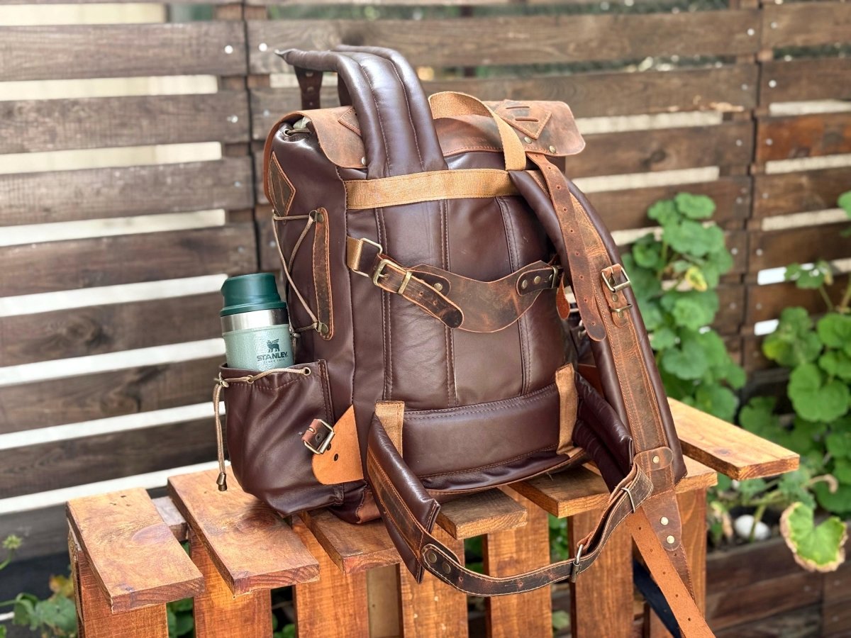 Handmade Leather Backpack – Axe & Flask Holders, Travel-Ready Handmade Leather Backpack – Axe & Flask Holders, Travel-Ready
