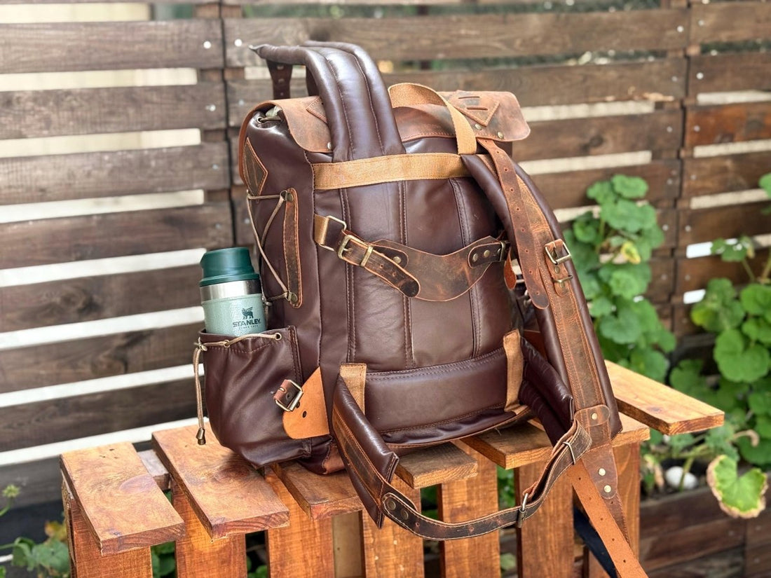 Black-Brown-Green-White | Full Leather Backpack | Travel Backpack | 50 L | Trolley handle | Bushcraft, Travel, Camping, Hunting, Fishing, 99percenthandmade