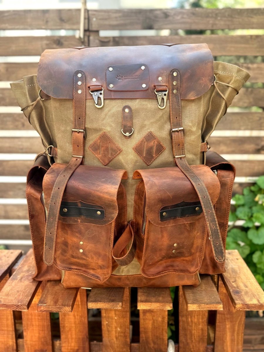 Camping Backpack | Travel Backpack | Hiking Backpack | 30L to 80L | Green-Brown-Black-White | Leather and Canvas | Custom backpack | Gift 99percenthandmade