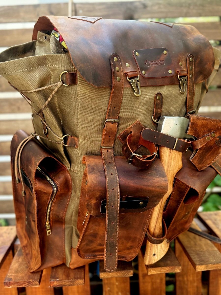 30L to 80L | Green-Brown-Black-White | Leather and Canvas | Custom backpack 
