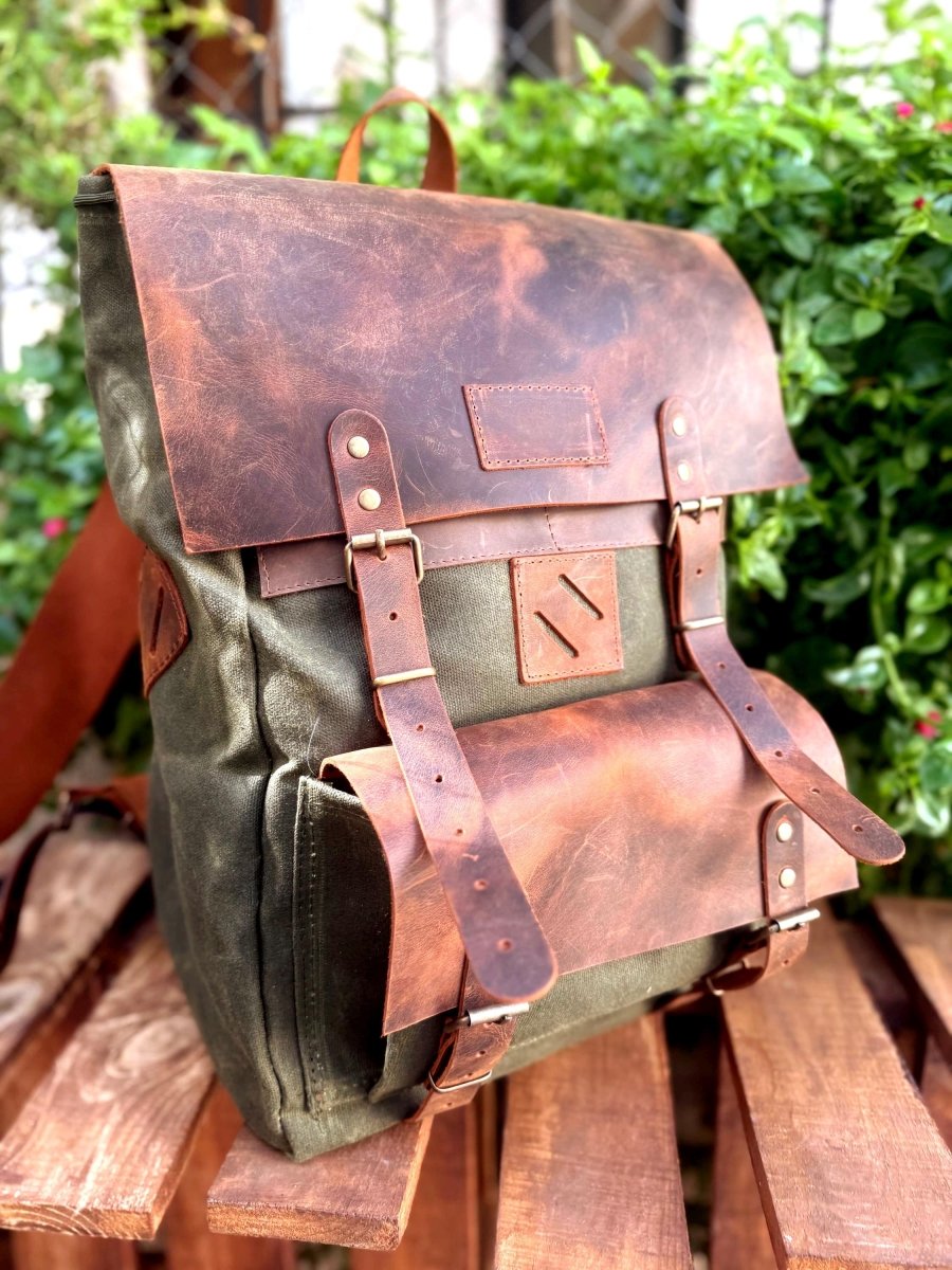 Leather - Canvas Daypack, Brown,Tan,Black, Blue Color, 15L - 25L options. Laptop pocket premimum leather, Citypack, Daily use 99percenthandmade