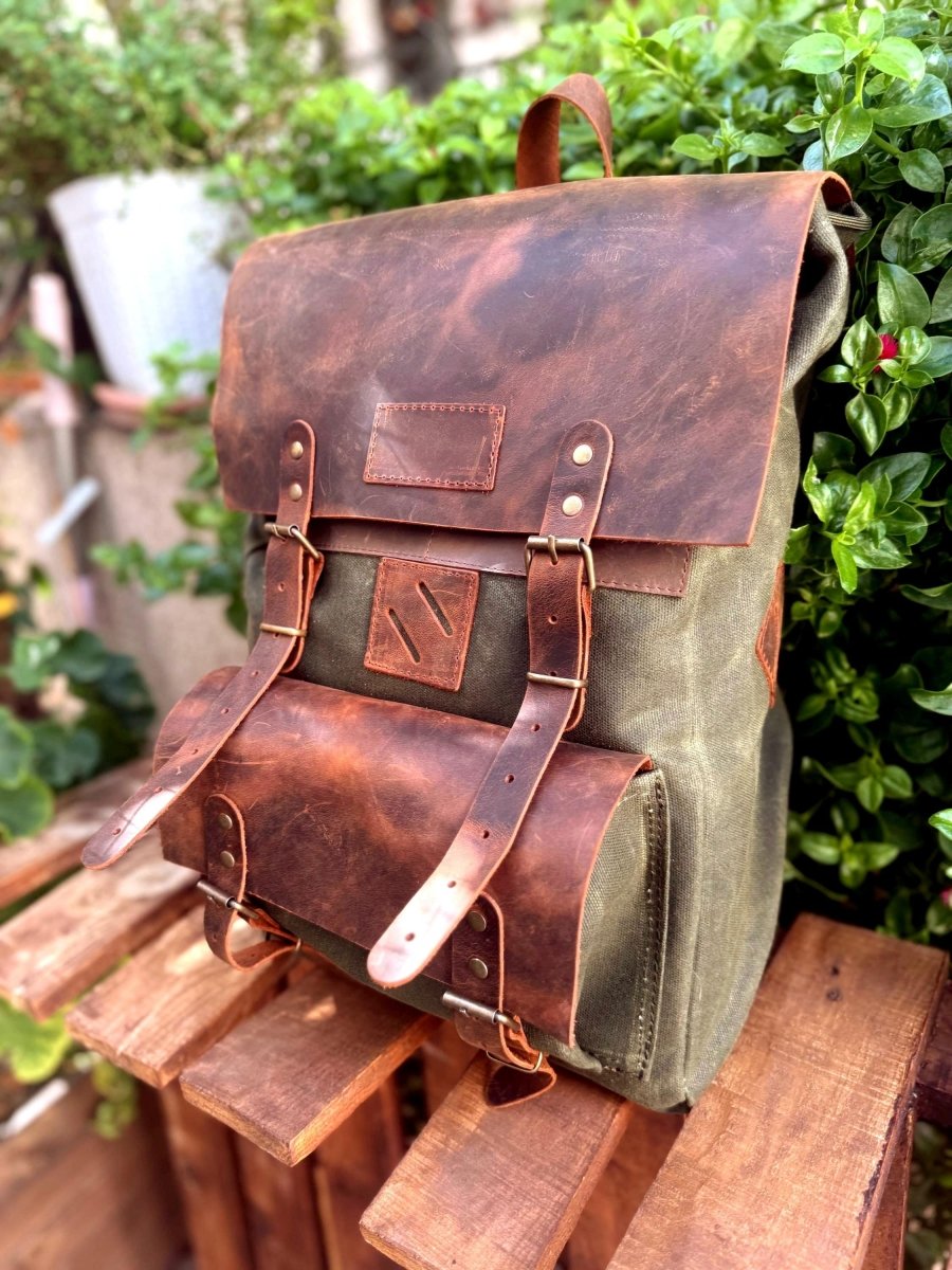 Leather - Canvas Daypack, Brown,Tan,Black, Blue Color, 15L - 25L options. Laptop pocket premimum leather, Citypack, Daily use 99percenthandmade