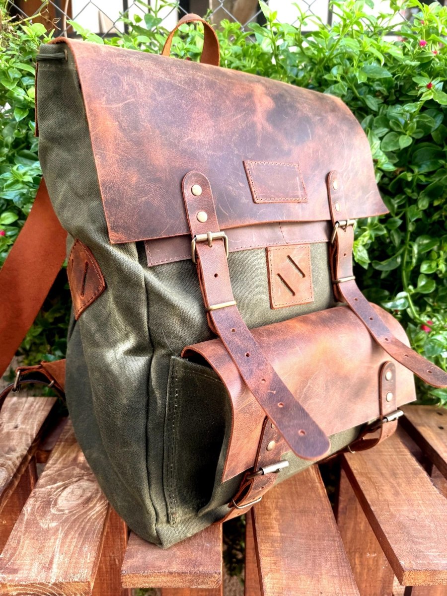 Leather - Canvas Daypack, Brown,Tan,Black, Blue Color, 15L - 25L options. Laptop pocket premimum leather, Citypack, Daily use 99percenthandmade