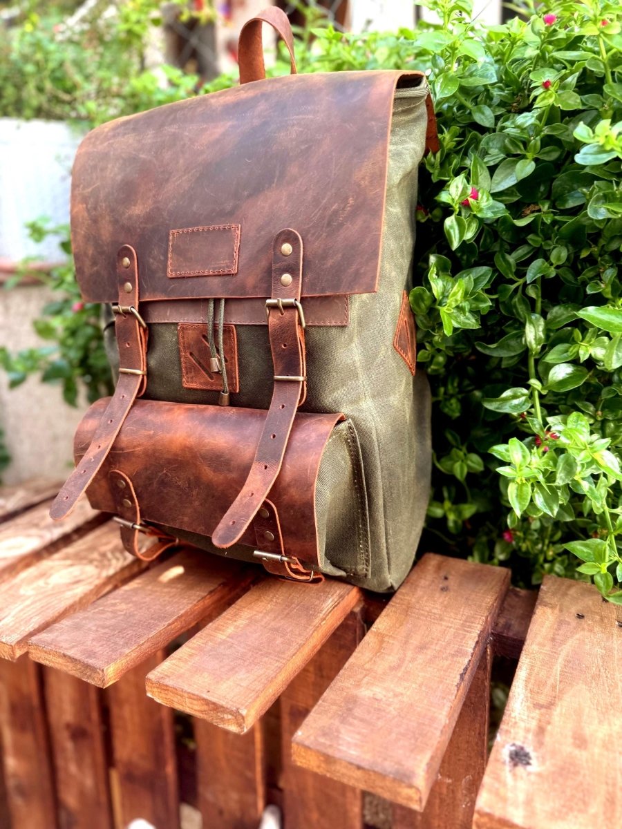 Leather - Canvas Daypack, Brown,Tan,Black, Blue Color, 15L - 25L options. Laptop pocket premimum leather, Citypack, Daily use 99percenthandmade
