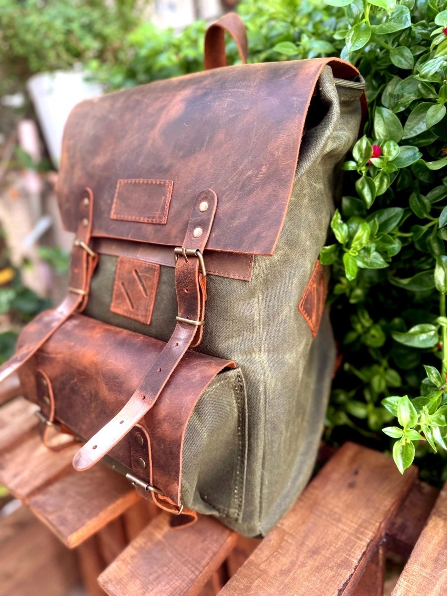 Leather - Canvas Daypack, Brown,Tan,Black, Blue Color, 15L - 25L options. Laptop pocket premimum leather, Citypack, Daily use 99percenthandmade