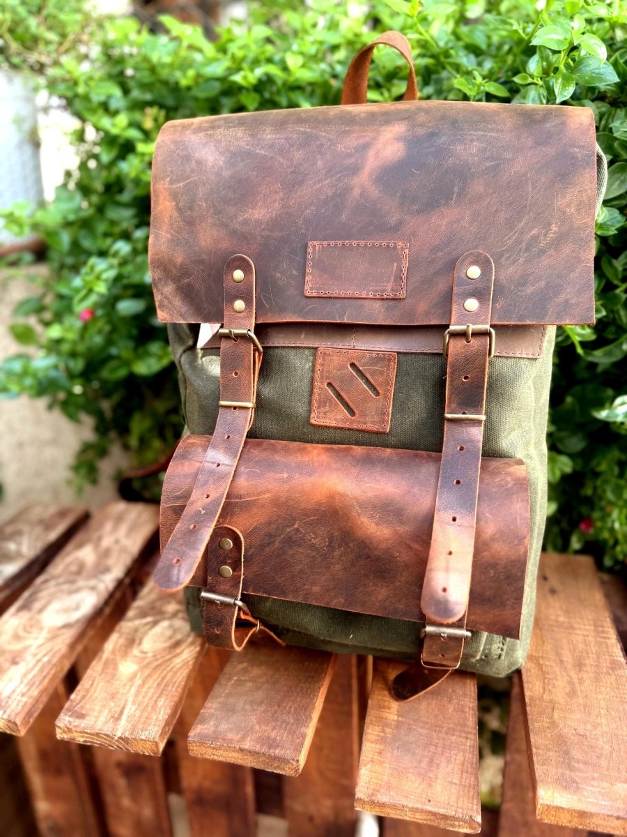 Leather - Canvas Daypack, Brown,Tan,Black, Blue Color, 15L - 25L options. Laptop pocket premimum leather, Citypack, Daily use 99percenthandmade