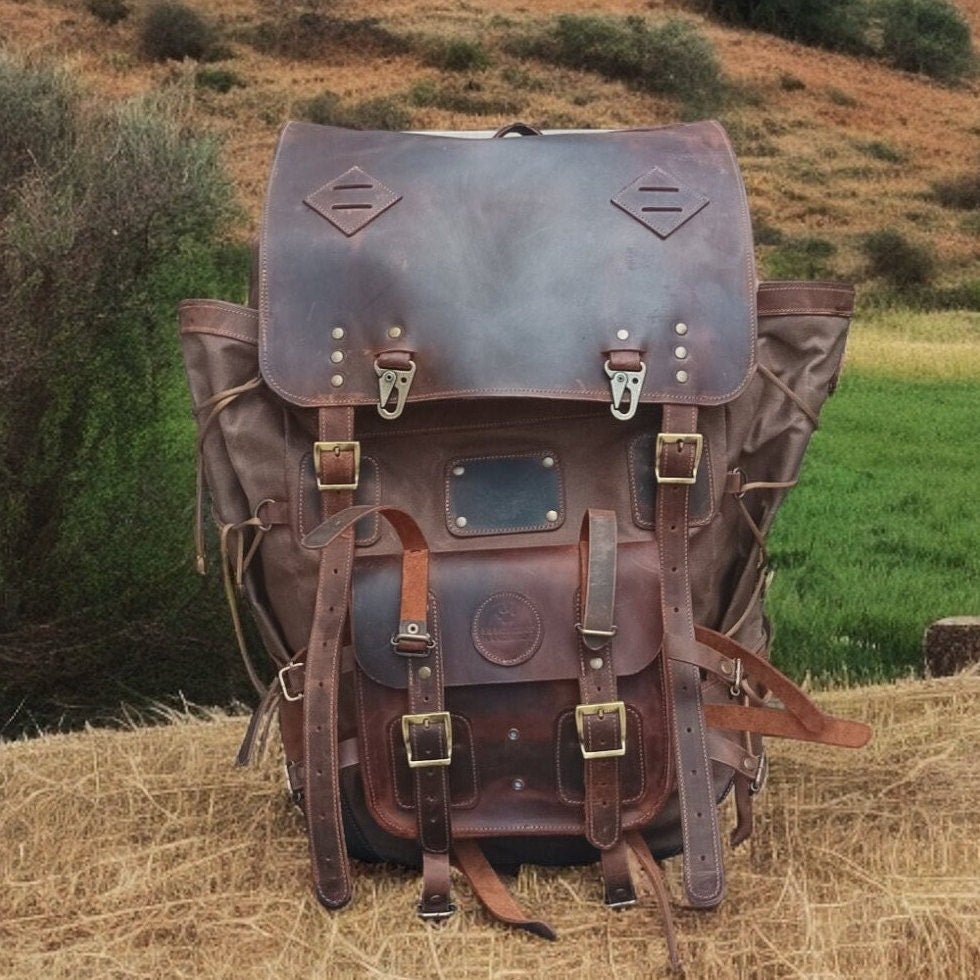 New | Handmade Waxed Canvas Backpack | 35L-45L | Leather Backpack | Daily Use | Bushcraft, Travel, Camping, Hunting, Fishing, Sports bag  99percenthandmade