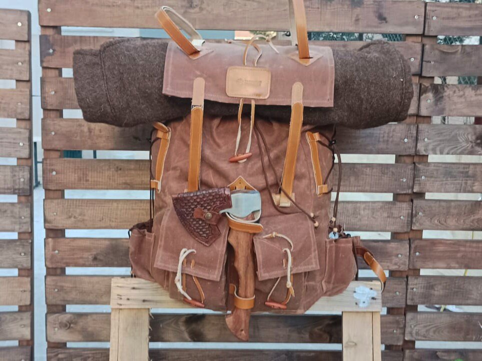 New Model | Velcro Connectors | Handmade Primitive Camping Bushcraft Backpack | No Metals | 80L to 30L Options | Leather | Canvas Backpack  99percenthandmade