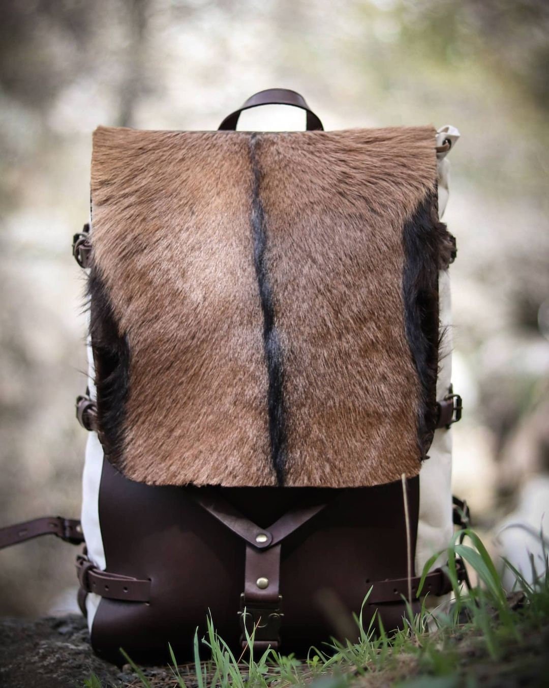 Handmade Rucksack, Goat Fur Flap, Leather and Waxed Canvas