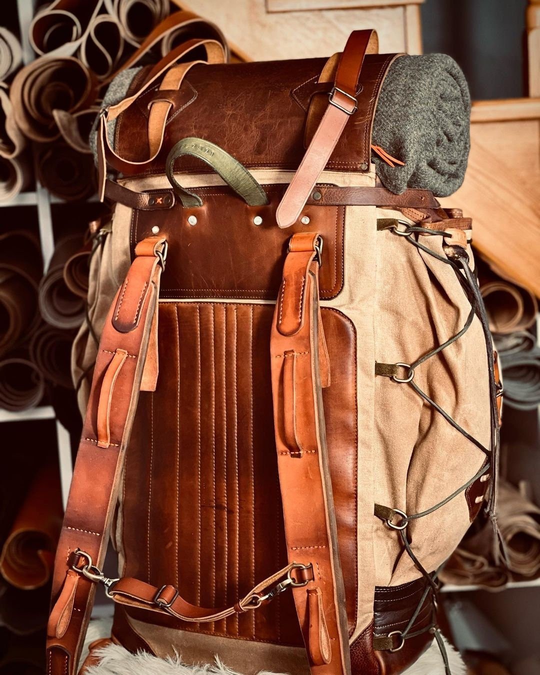 Vintage Bushcraft Camping Handmade Backpack. Leather-Waxed Canvas Rucksack