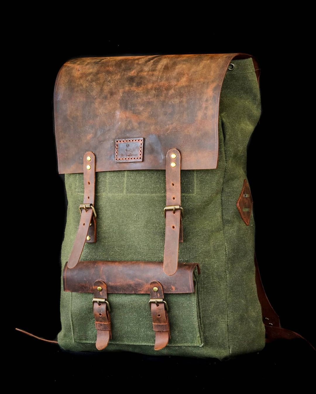 3 Colour Option, Handmade Genuine  Leather and Waxed Canvas Backpack for Travel, Camping | 25 Liters | Personalization for your request bushcraft - camping - hiking backpack 99percenthandmade Green 10 