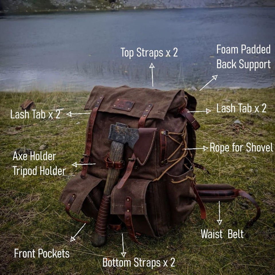 craftsman backpack green with leather on front and back 30 to 80 Liter Camping Backpack Handmade Leather and Waxed Canvas, Col