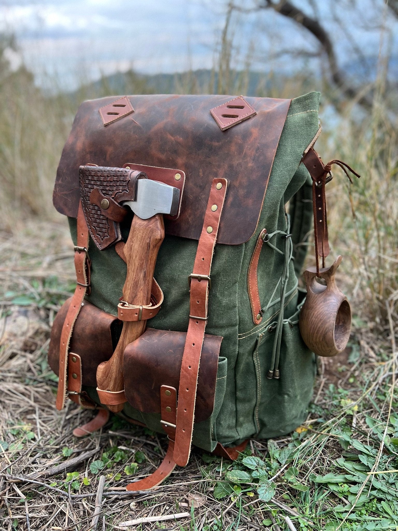 Leather and Waxed Canvas Bushcraft Backpack, Camping Bag