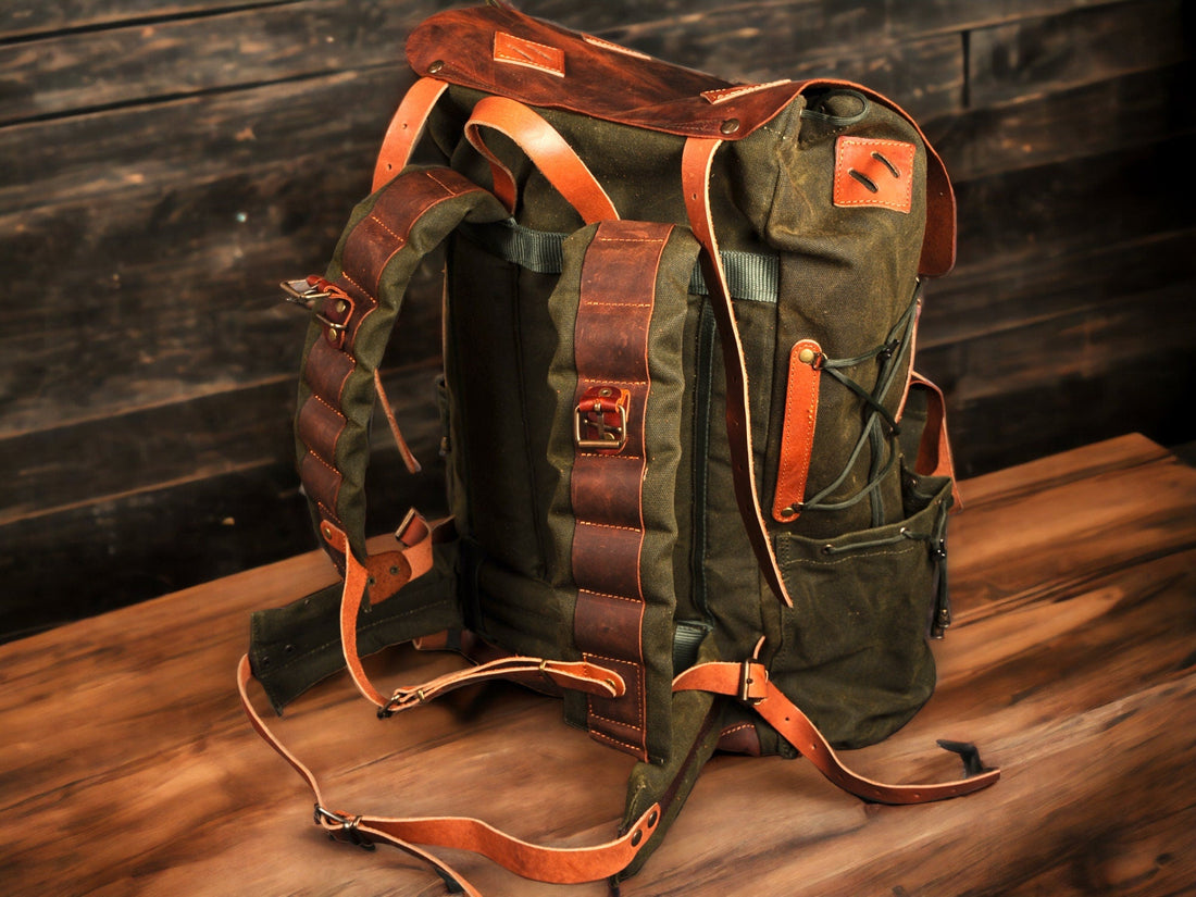 60L | Personalized | Bushcraft Backpack | Camping Backpack | Hiking Backpack | Extra large | Handmade | Leather | Waxed Canvas Backpack  99percenthandmade