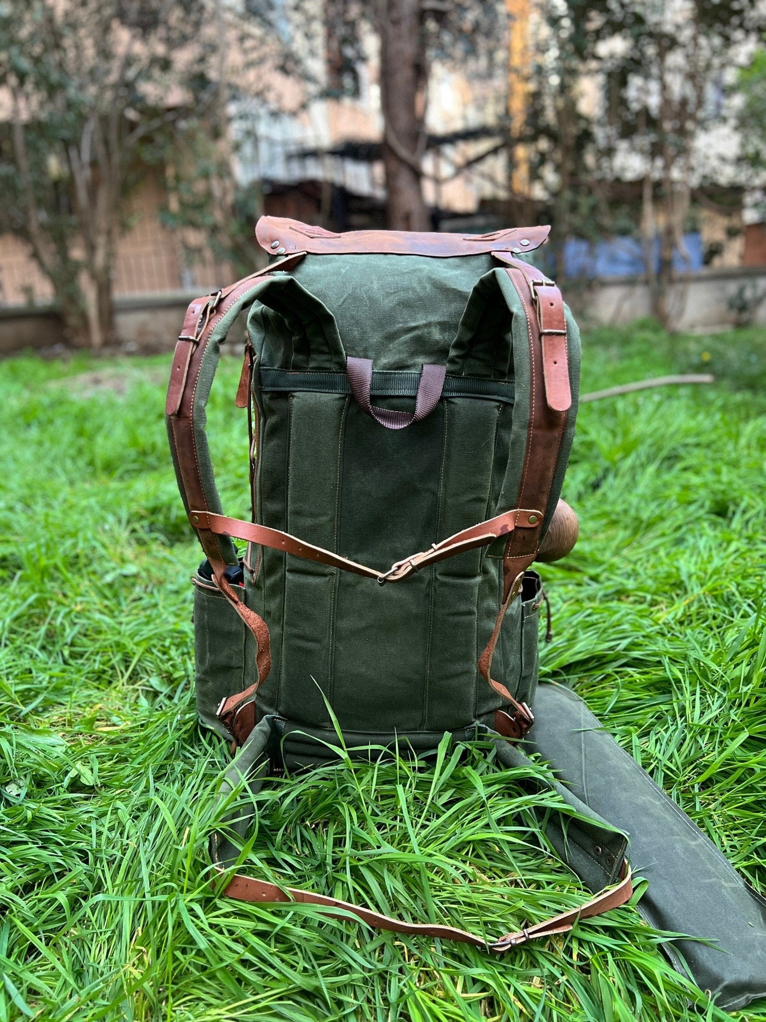 50L | Camping Backpack | Bushcraft Backpack | Brown - Green | Handmade  Leather-Canvas | Rucksack | Camping, Bushcraft | Personalization