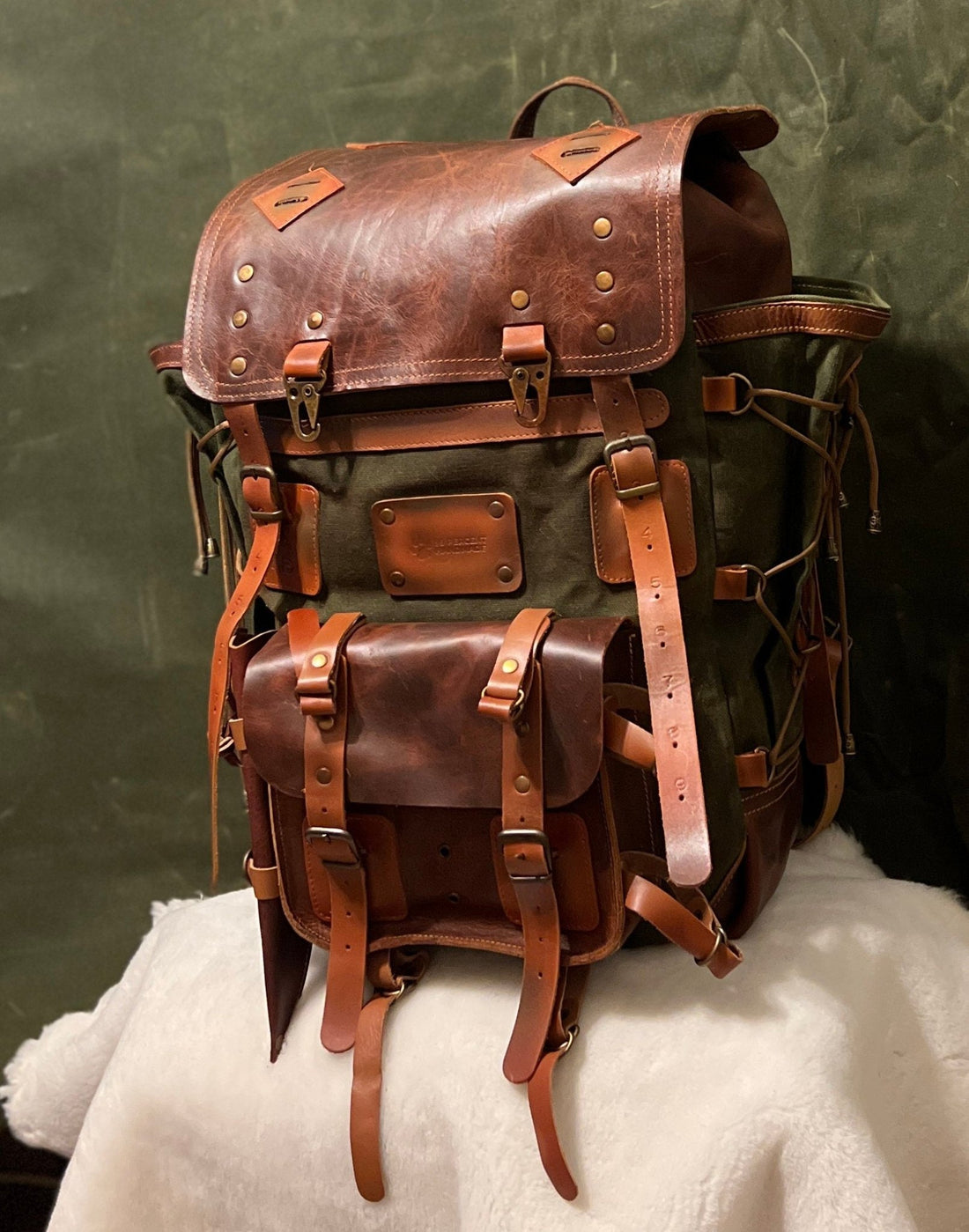 Hiking Backpack | Camping Backpack | 25L-35L-45L | Brown-Green | Canvas and Leather backpack 99percenthandmade