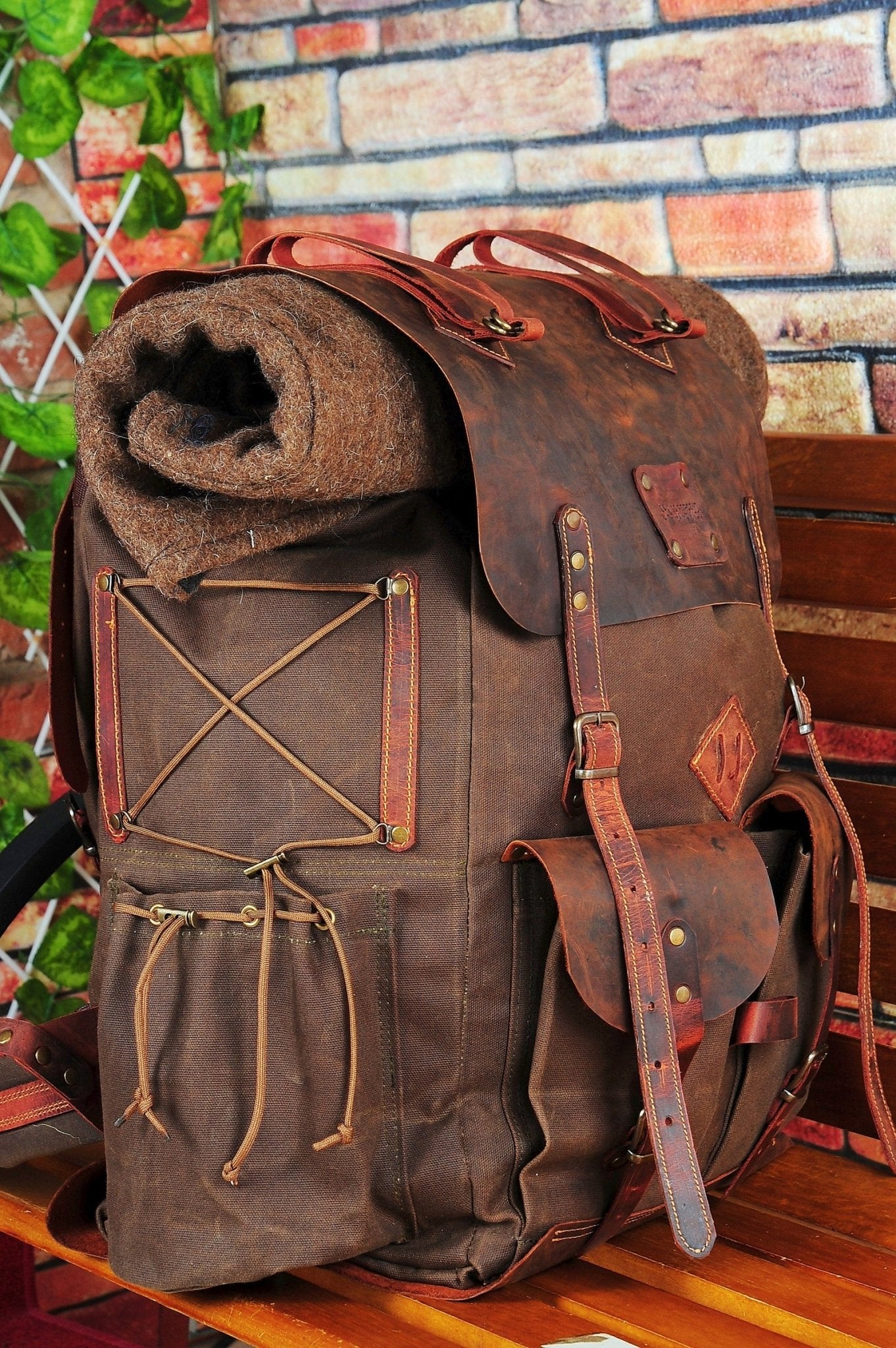 Bushcraft Backpack with Axe Holder | Handmade | Leather | Waxed Canvas Backpack | Camping, Hunting, Bushcraft, Travel  | Personalization bushcraft - camping - hiking backpack 99percenthandmade 30 Brown 