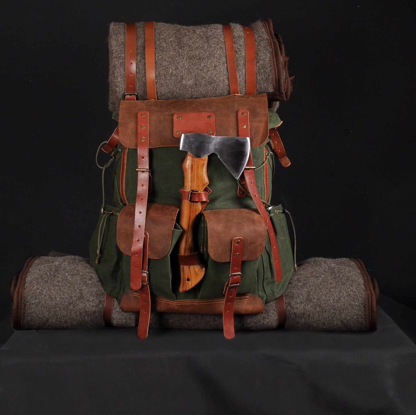 Bushcraft Backpack with Axe Holder | Handmade | Leather | Waxed Canvas Backpack | Camping, Hunting, Bushcraft, Travel  | Personalization bushcraft - camping - hiking backpack 99percenthandmade 30 Green 