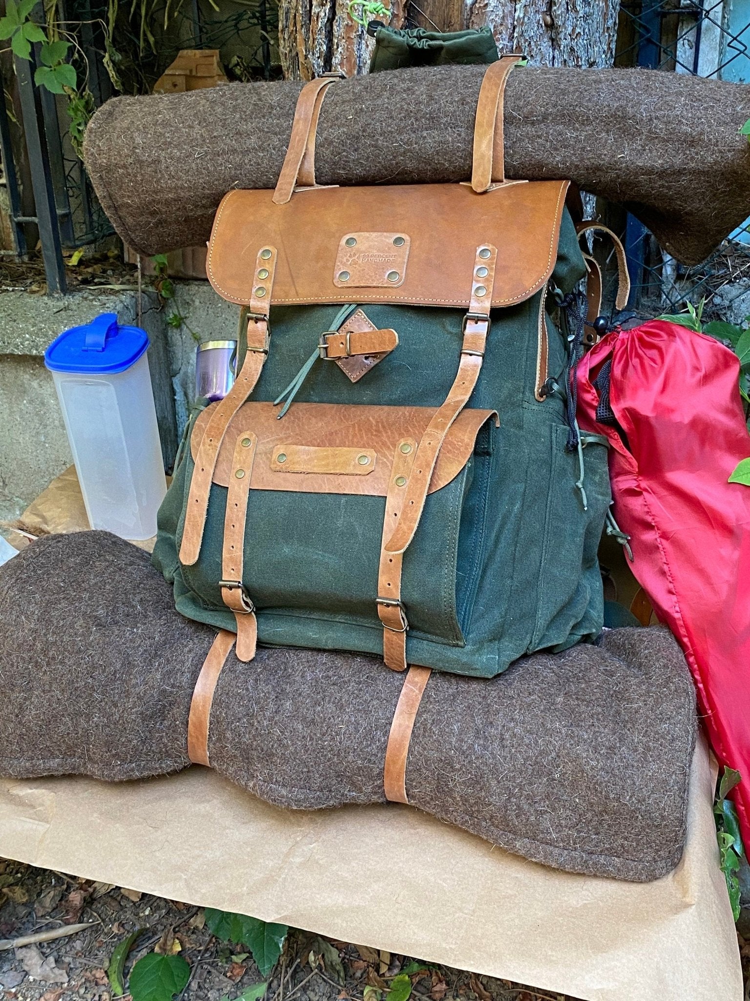 craftsman green canvas with leather trim backpack Handmade Brown Leather, Green Canvas Bushcraft Backpack